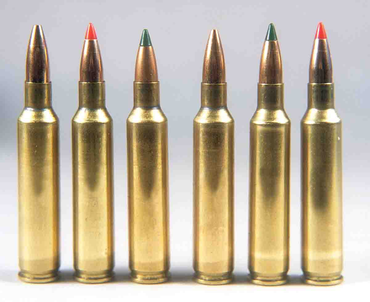 Bullets used include, from left: Barnes 26-grain Varmint Grenade, Hornady 32-grain V-MAX, Sierra 32-grain BlitzKing, Berger 35-grain Varmint, Sierra 39-grain BlitzKing, Hornady 40-grain V-MAX.